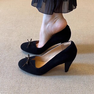 nnmiss/8cm小个子复古羊翻皮玛丽珍鞋简约法式浅口蝴蝶结高跟单鞋