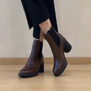 nnmiss 7cm英伦风复古圆头拼接粗跟切尔西靴小个子百搭高跟短靴