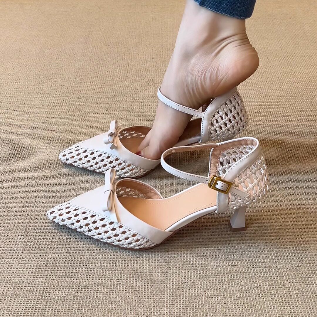 nnmiss/6.5cm气质尖头编织镂空蝴蝶结一字带细跟中空凉鞋