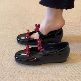 圆头浅口平底单鞋 3.5cm内增高甜美撞色蝴蝶结法式 nnmiss·34