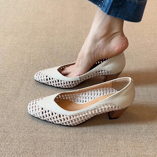 优雅圆头编织镂空透气浅口粗跟通勤单鞋 5.5cm法式 nnmiss·34