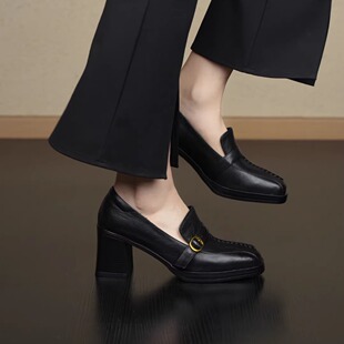 复古通勤羊皮深口静音单鞋 nnmiss 7cm气质高跟编织皮扣方头乐福鞋