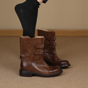 NNMISS·34 3cm重工头层牛皮圆头擦色双皮带扣低跟西部短靴