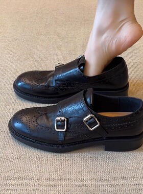 nnmiss/3cm复古风牛皮圆头布洛克搭扣深口小皮鞋百搭通勤粗跟单鞋