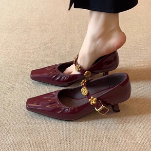 复古皱褶金属一字带玛丽珍方头气质粗跟单鞋 5cm法式 nnmiss34