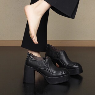 nnmiss/9cm超高跟增高羊皮圆头百搭小皮鞋简约通勤小个子深口单鞋