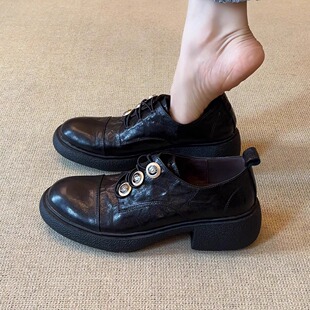 纽扣松紧粗跟乐福鞋 复古深口小皮鞋 5cm学院风圆头小皮鞋 NNMISS