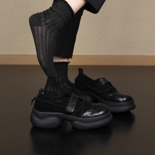 小个子厚底复古魔术贴小皮鞋单鞋