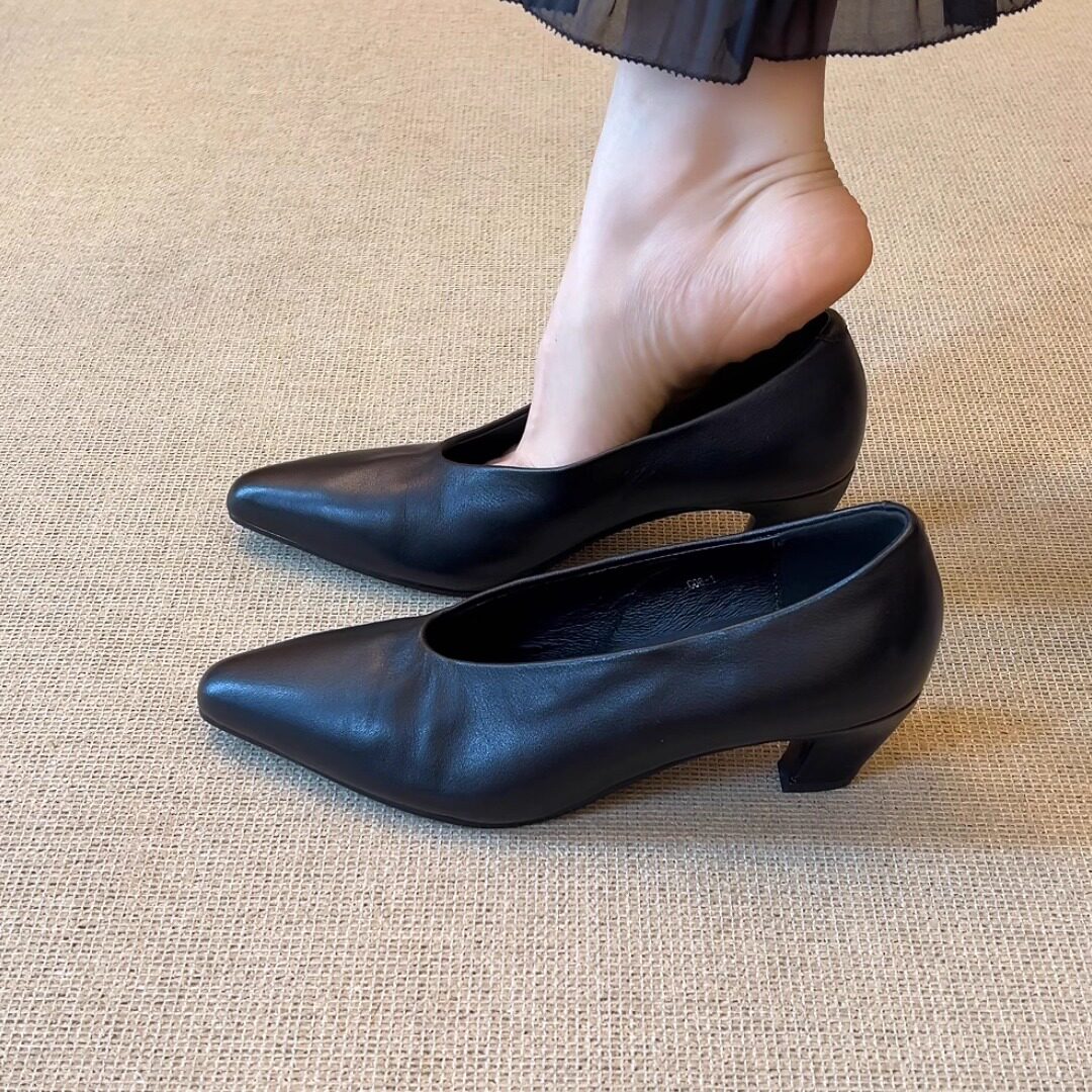 NNMISS·34-39/5cm极简复古尖头V口高跟鞋新款浅口粗跟通勤小单鞋