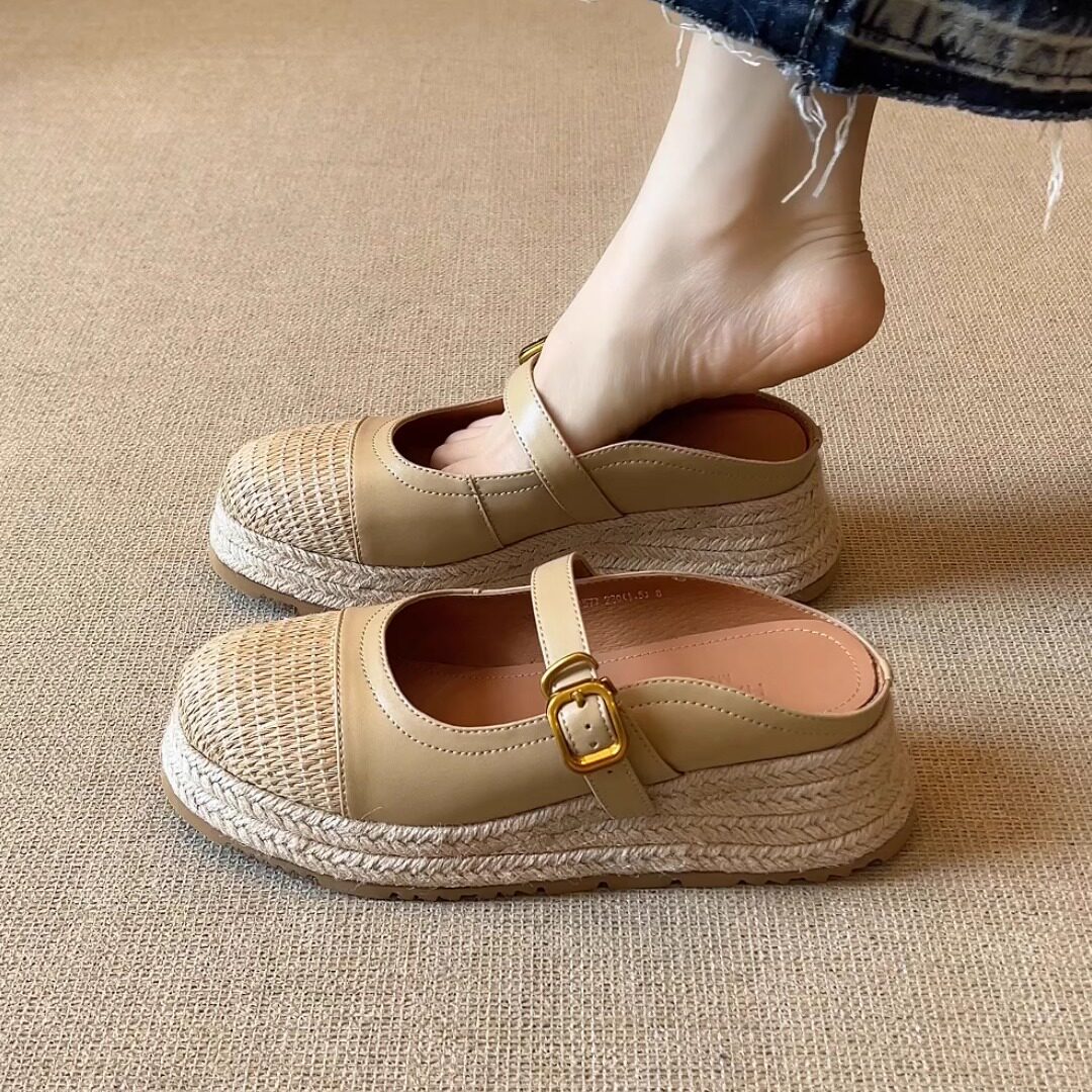 nnmiss/5.5cm时尚编织拼接坡跟厚底凉鞋复古一字扣带外穿包头凉鞋