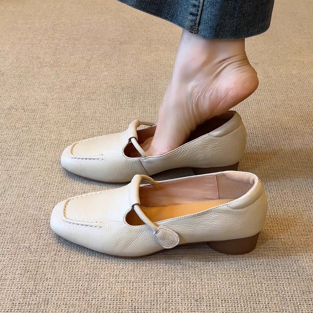 nnmiss/3cm简约复古羊皮方头浅口丁字带魔术贴粗跟通勤单鞋