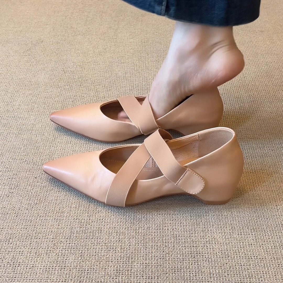 nnmiss/4cm内增高法式复古尖头浅口松紧交叉带魔术贴时尚小单鞋