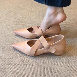 小单鞋 复古尖头浅口松紧交叉带魔术贴时尚 4cm内增高法式 nnmiss
