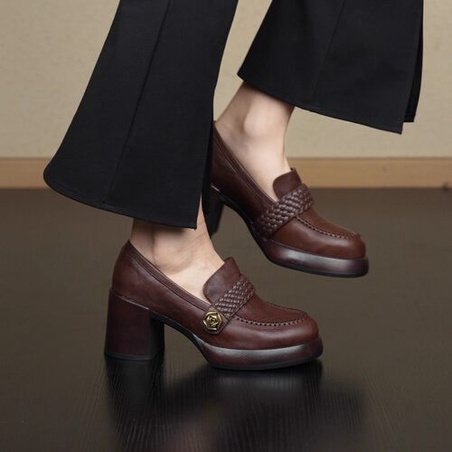 复古编织带乐福鞋通勤一脚蹬单鞋