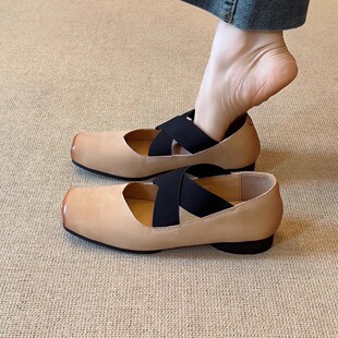 芭蕾风方头擦色浅口交叉带粗跟通勤百搭玛丽珍单鞋 nnmiss 2cm法式