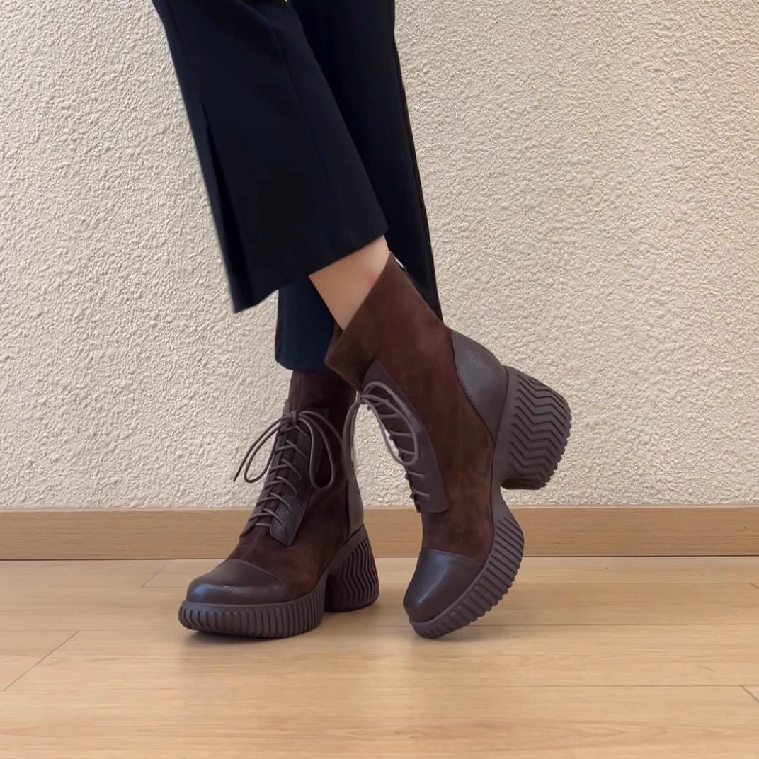 nnmiss/8cm拼接复古风后拉链系带马丁靴轻便厚底小个子增高短靴