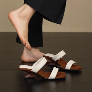 气质异型跟舒适露趾凉拖鞋 5cm简约双带方头凉鞋 nnmiss·34