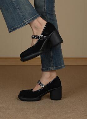 NNMISS•34-41•5cm/7.8cm复古羊猄皮金属花朵一字带粗跟玛丽珍鞋