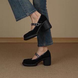 7.8cm复古羊猄皮金属花朵一字带粗跟玛丽珍鞋 NNMISS•34 41•5cm