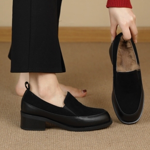复古深口懒人单鞋 4cm圆头拼色粗跟加绒保暖乐福鞋 NNMISS·34