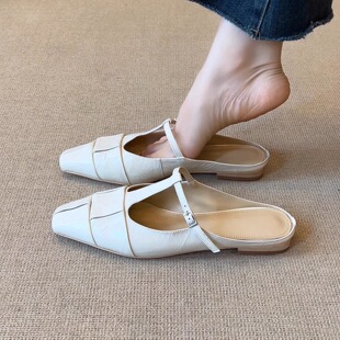 nnmiss/1.5cm复古手抓纹包头半拖鞋女法式外穿一脚蹬平底方头凉鞋