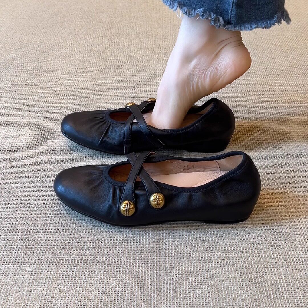 nnmiss/3cm法式复古圆头褶皱浅口交叉带内增高舒适百搭通勤单鞋