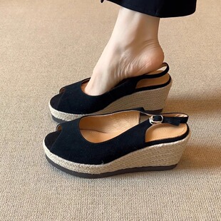 鱼嘴防水台小个子厚底坡跟后绊带凉鞋 nnmiss 7cm草编渔夫坡跟鞋