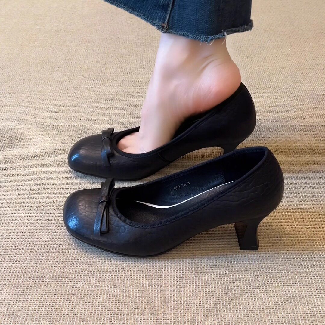 nnmiss/6cm小个子百搭复古方头蝴蝶结拼色浅口粗跟通勤单鞋 - 一生盼雅旗舰店出品