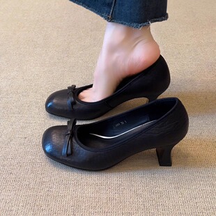 nnmiss/6cm小个子百搭复古方头蝴蝶结拼色浅口粗跟通勤单鞋