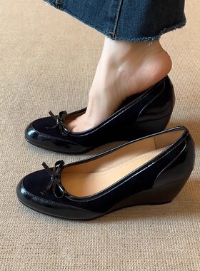 nnmiss·32-40/6.5cm法式圆头蝴蝶结坡跟高跟鞋简约浅口百搭单鞋
