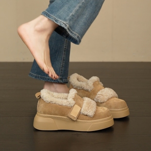 4cm学院风魔术贴复古牛反绒厚底保暖毛毛乐福鞋 NNMISS·34