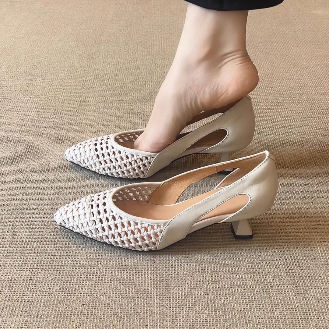 优雅尖头编织镂空浅口单鞋凉鞋