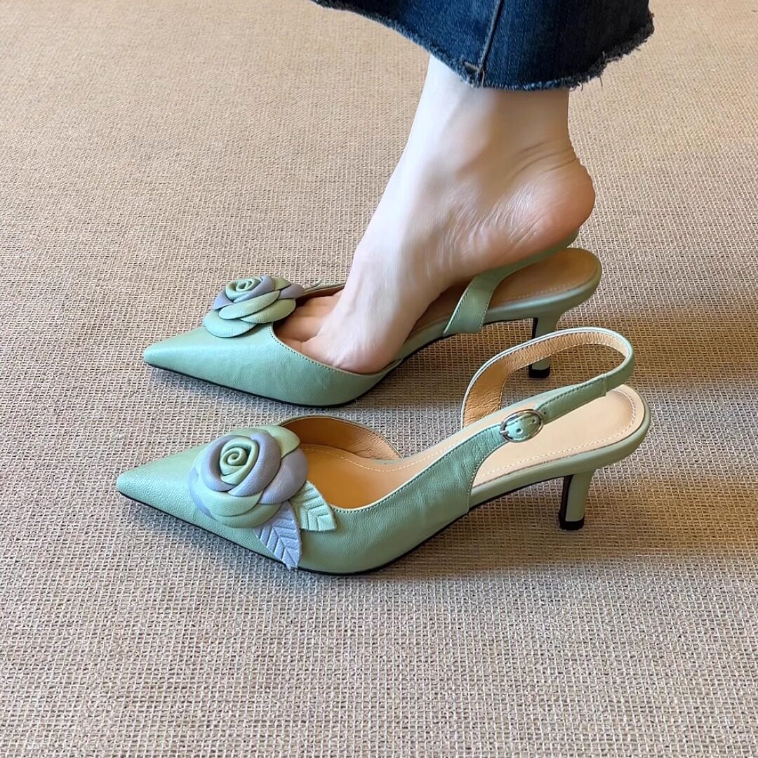 气质高跟鞋拼色立体花朵包头凉鞋