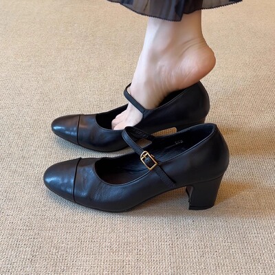 法式圆头浅口一字带玛丽珍单鞋