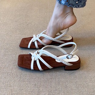 复古优雅方头编织交叉后绊带低跟露趾凉鞋 nnmiss2.5cm 5cm法式