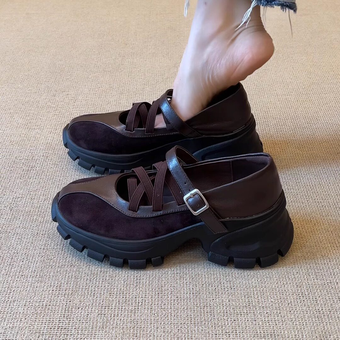 nnmiss/6cm休闲运动风圆头拼接交叉带厚底一字扣带浅口玛丽珍单鞋