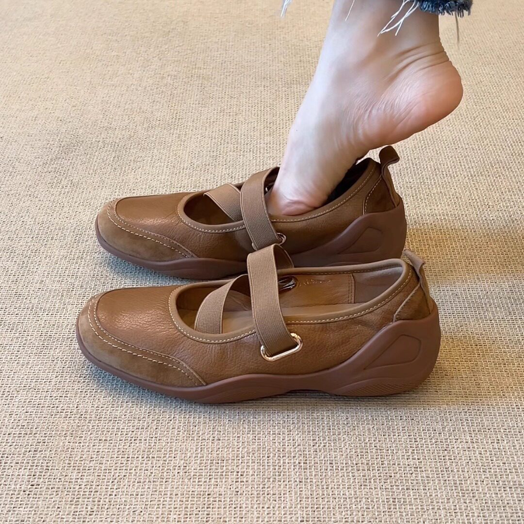 法式羊皮厚底圆头松紧带运动风单鞋新款时尚浅口低跟休闲玛丽珍鞋