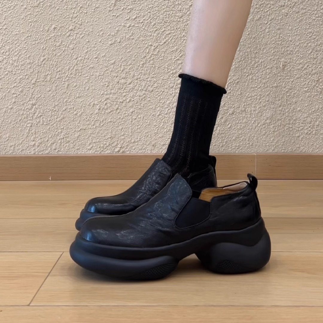 nnmiss/6cm圆头英伦风春秋新款复古拼接深口一脚蹬百搭小皮鞋