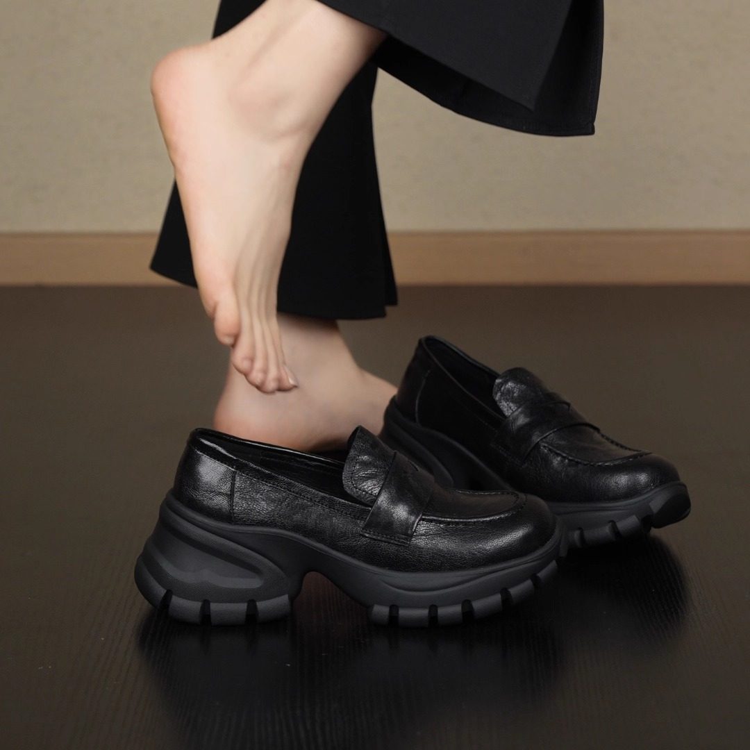 nnmiss/6cm小个子增高运动厚底小皮鞋简约百搭圆头一脚蹬深口单鞋