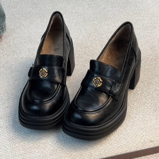 单绒里粗跟小皮鞋 6.5cm小个子圆头山茶花乐福鞋 NNMISS·34