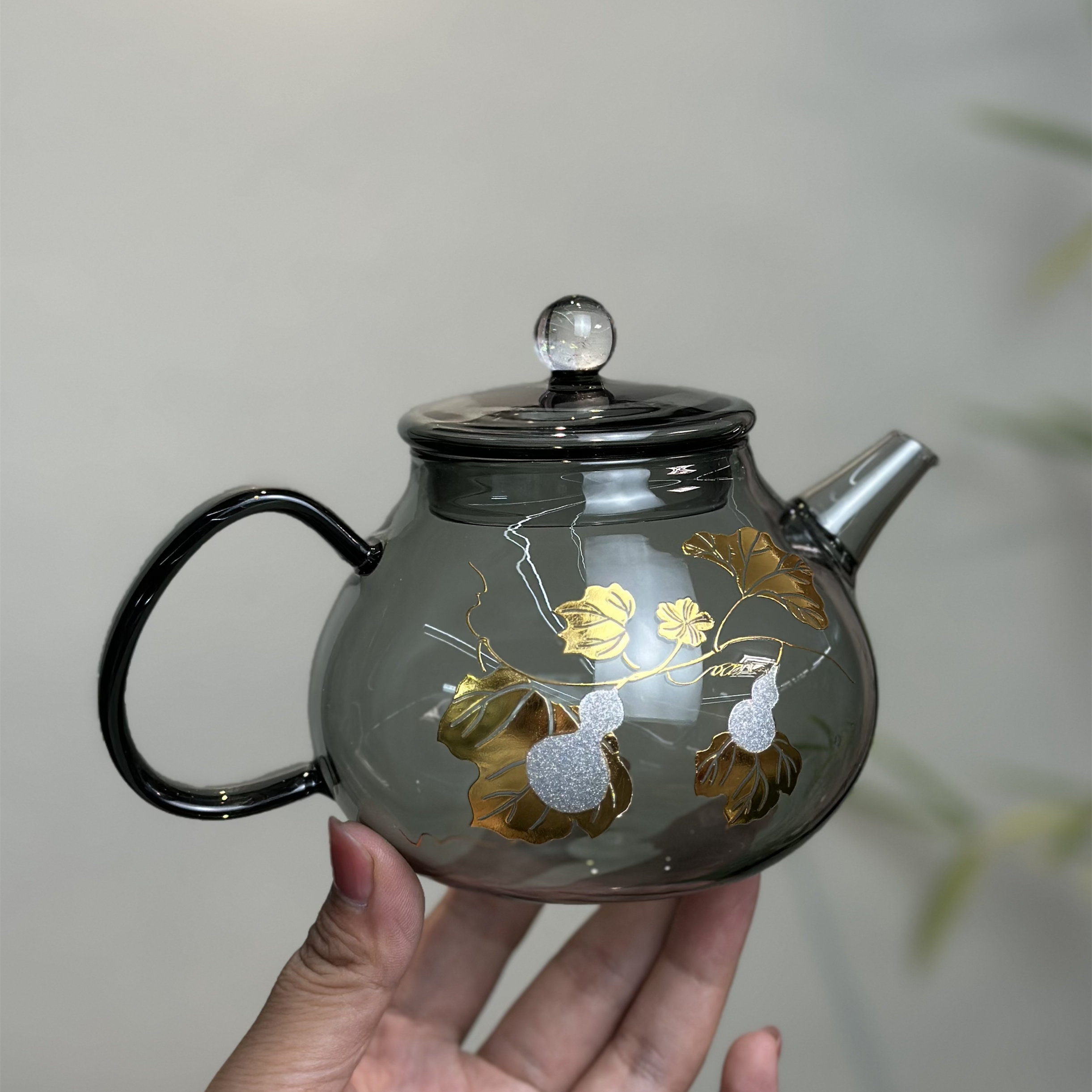 透黑贴花耐热玻璃泡茶壶380ml小号星空盖钮花茶壶高档小泡壶 单壶