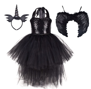 万圣节儿童cos沉睡魔咒女巫连衣裙翅膀亮片礼服舞蹈派对tutudress