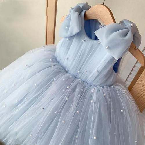 女童周岁裙珍珠蝴蝶结小提琴钢琴主持人演出服儿童婚纱礼服公主裙