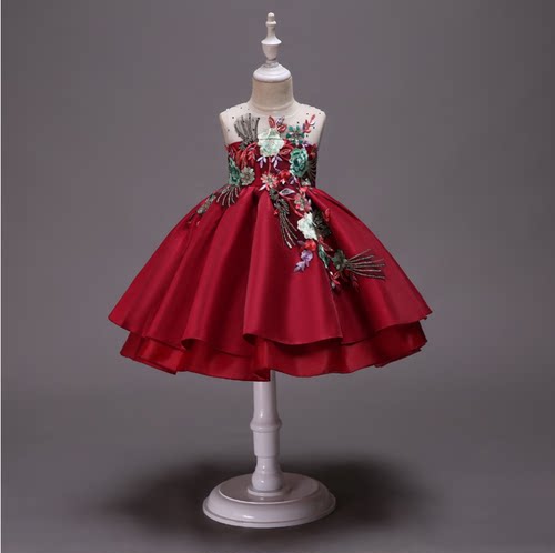 立体绣花红色圣诞节派对公主裙