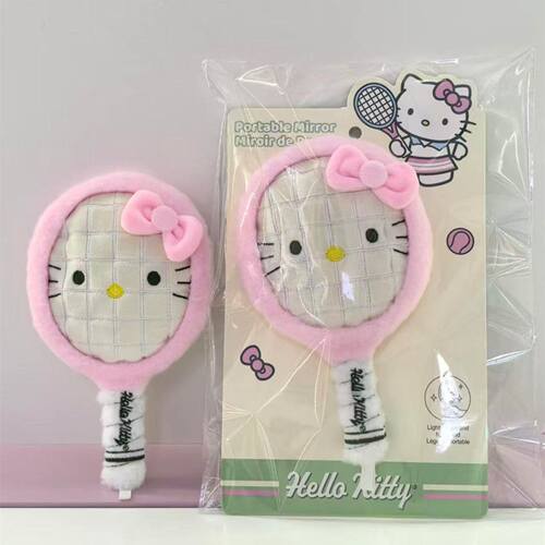 日本SHORPE粉色kitty凯蒂猫网球拍毛绒化妆镜子毛绒公仔闺蜜礼物