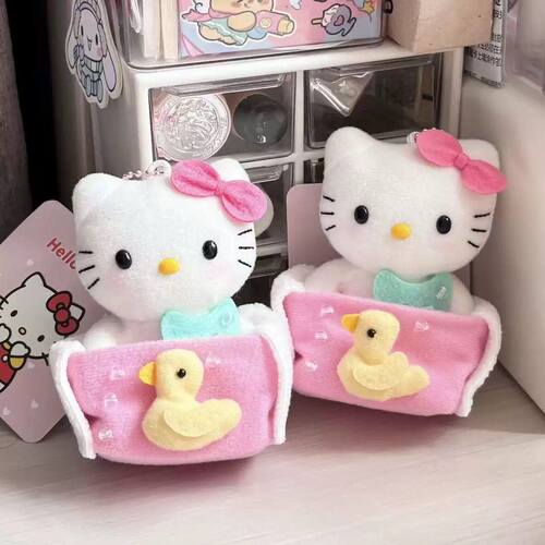 日本SHORPE可爱粉色冒泡泡小鸭子浴缸kitty包包挂件毛绒公仔挂饰