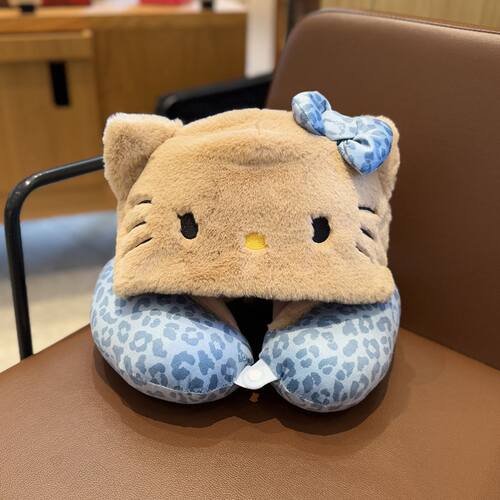 日本SHORPE可爱kitty猫U型枕连帽学生办公室午休护颈便携飞机旅行