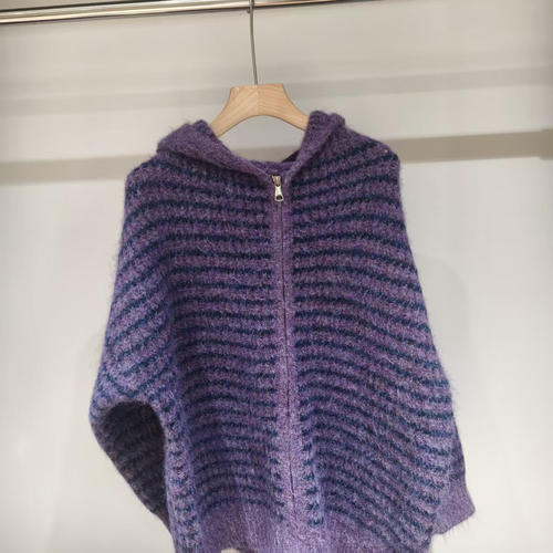 软糯风条纹连帽拉链针织开衫女秋冬外穿紫色毛衣外套