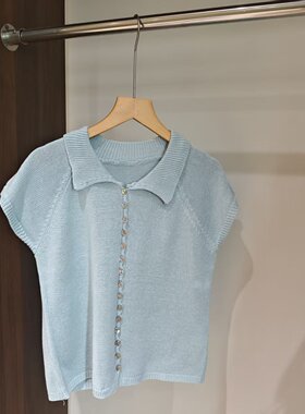 休闲风翻领短袖针织衫女夏季单排贝扣套头毛衣浅蓝色上衣