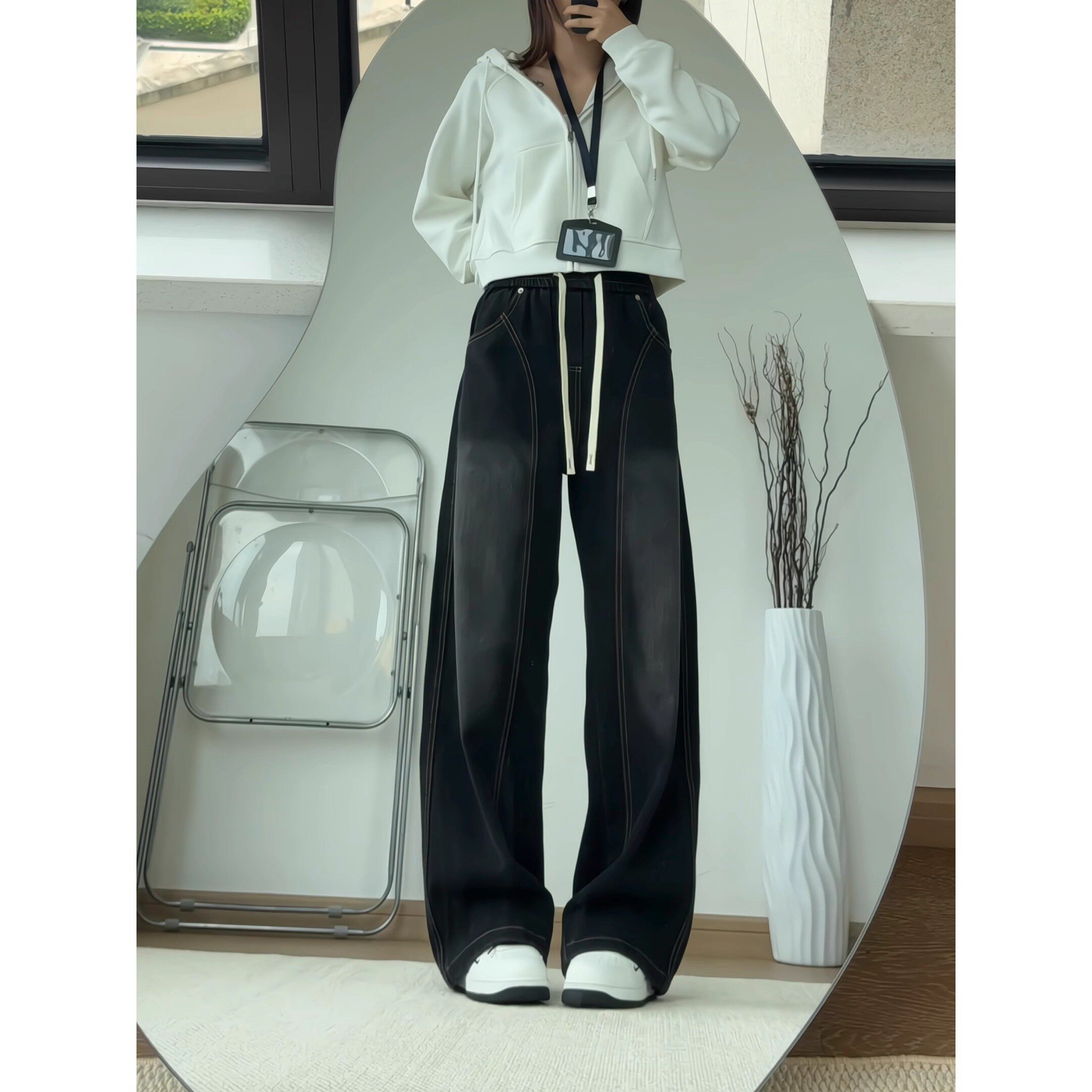 松紧腰青少年牛仔裤男女春秋冬时尚百搭学生宽松显瘦直筒阔腿裤潮
